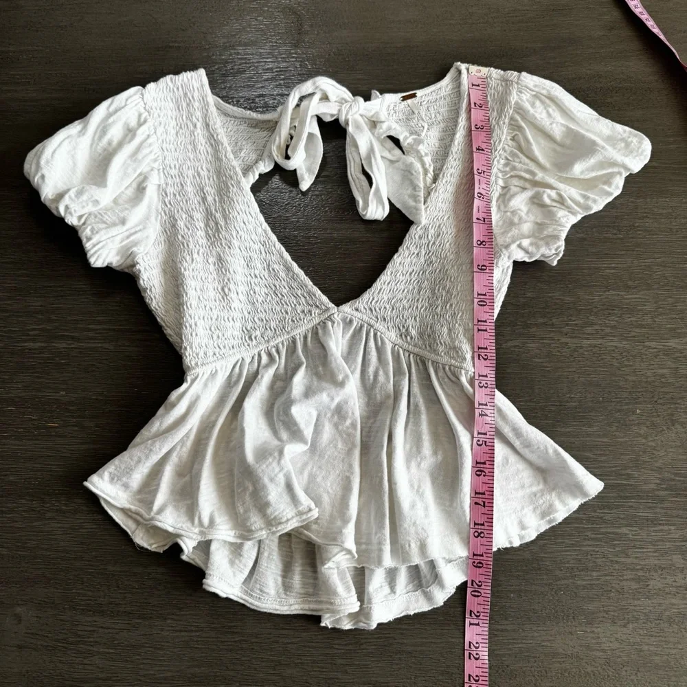 Free People White Charlotte Tie Back Crop Top XS Puff Smocked